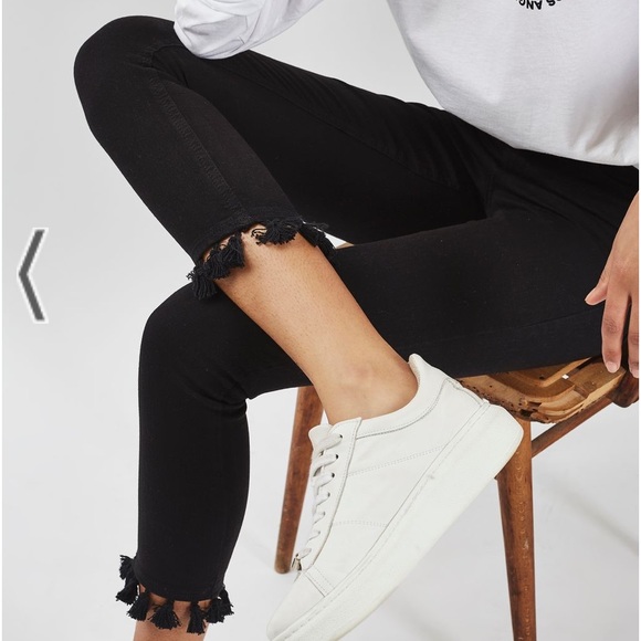 Topshop Moto Black Denim Jamie Jeans with Tassle Hem Sz. 30 - Picture 4 of 12